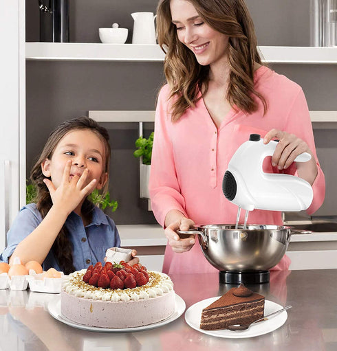 Hand Mixer Electric 120W Handheld Mixer 5 Speeds for Baking Cake Egg Cream Food Beater, Turbo Boost/Self-Control Speed + 5 Speed + Eject Button + 5 Stainless Steel Accessories