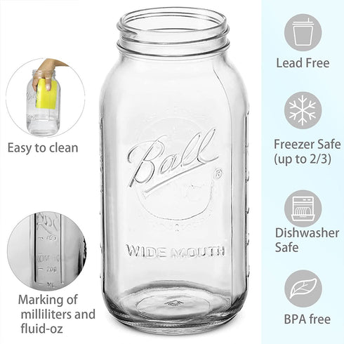 Wide Mouth Mason Jars 64 oz 2 Pack Half Gallon Mason Jars with Airtight Lid and Band, Large Clear Glass Mason Jars for Canning, Fermenting, Pickling, Storing