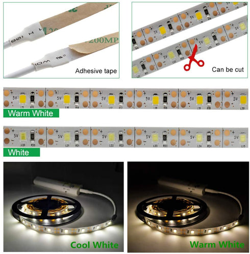 Led Strip Lights Battery Powered,Motion Sensor Led Light Strips Smart Night Light Motion Activated Night Light Led Strip Light for Room Cool White Light-5M / 16.4ft