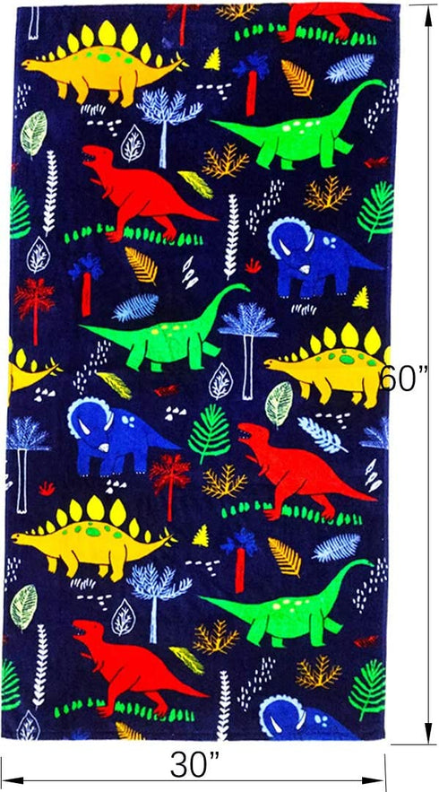 YIFONTIN Beach Towel for Kids, Dinosaur Velour Terry Towel, Cotton Blanket Throw, 30X60 inches for Travel Swimming Bath Camping and Picnic, Navy.