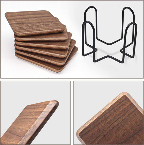 Eykao Drink Coasters with Holder, Coasters for Wooden Table, Farmhouse Coaster, 6 Pcs Square Walnut Wood Coaster(4 Inch), Fit Ceramic Cup and Glass Cup or Any Size of Drink Glasses, Housewarming Gifts