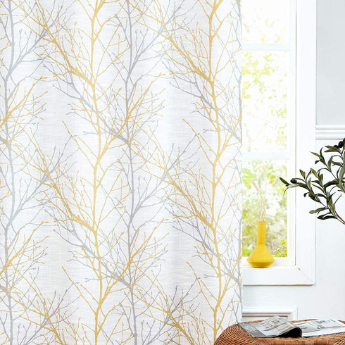 FMFUNCTEX Yellow White Blackout Curtain Panel for Bedroom Modern Tree Branch Print Curtain for Living Room Extra Long 108" Hotel Window Drapes 1pc Grommet Top