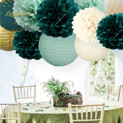 NICROLANDEE Wedding Party Decorations - 12PCS Green Hanging Tissue Pom Poms Gold Foil Dots Paper Lantern Confetti 30G for Rustic Style Bridal Shower Birthday Botanical Baby Shower Decorations