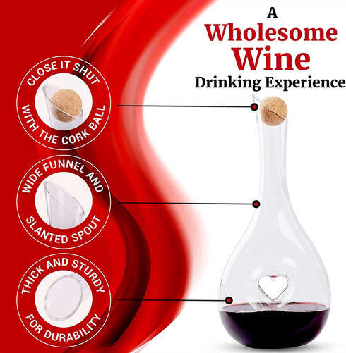Finest Amore Wine Decanter - 1200ml Heart Shaped Red Wine Carafe with Stopper - Hand Blown Lead-free Crystal Glass, Wine Gift, Wine Accessories