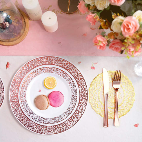 N9R 150pcs Rose Gold Plastic Plates with Disposable Plastic Silverware Set, Elegant Lace Dinnerware Sets Include 25 Dinner Plates, Dessert Plates, Forks, Knives, Spoons and Mini Forks