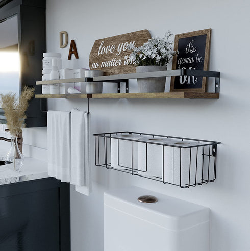 Tissue Basket Wall Shelves Set by RicherHouse, Rustic Brown Floating Wall Shelves with Towel Bar, Farmhouse Wall Mounted Storage for Bathroom, Kitchen and Bedroom (Set of 3)