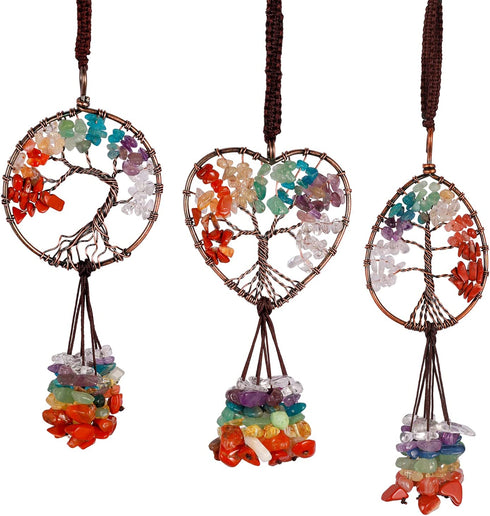 Healing Crystal Hanging Ornaments Tree of Life for Car Hanging Accessories, Party Decor Meditation Decorations, 7-Chakra Stones Tumbled Palm Stones Life Good Luck Home Ornaments (SGK-3 Packs)