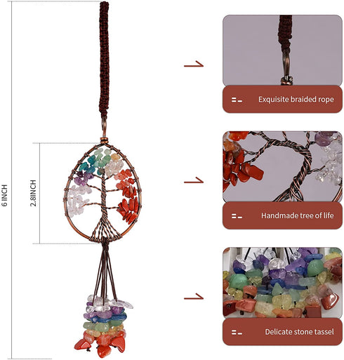 Healing Crystal Hanging Ornaments Tree of Life for Car Hanging Accessories, Party Decor Meditation Decorations, 7-Chakra Stones Tumbled Palm Stones Life Good Luck Home Ornaments (SGK-3 Packs)