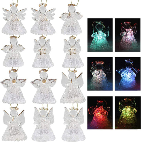 Set of 12 Spun Glass Angel Christmas Ornaments with LED Lights for Christmas Tree Decorations