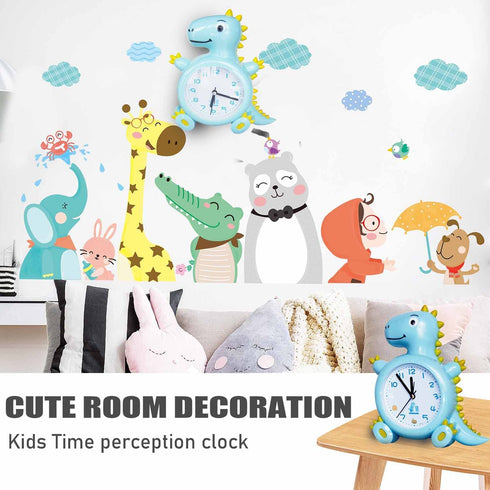 Kids Alarm Clocks, Analog Dinosaur Wall Clock for Kids Room Decor, Desk Clock Non Ticking Dinosaurs Decals for Bedroom Decoration,Blue