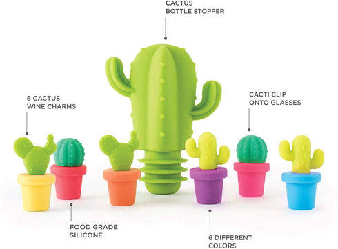 TrueZoo Cactus Wine Glass Charms and Drink Markers with Bottle Stopper Set, Silicone, Multicolor, Set of 7