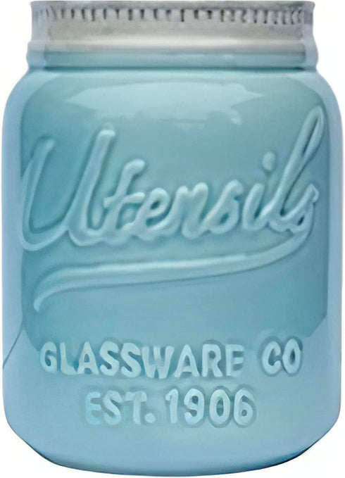 Comfify Wide Mouth Mason Jar Utensil Holder Decorative Kitchenware Organizer Crock, Chip Resistant Ceramic, Dishwasher Safe - Kitchen Caddy Aqua Blue for Countertop, Large Size 7" High