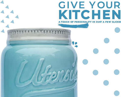 Comfify Wide Mouth Mason Jar Utensil Holder Decorative Kitchenware Organizer Crock, Chip Resistant Ceramic, Dishwasher Safe - Kitchen Caddy Aqua Blue for Countertop, Large Size 7" High