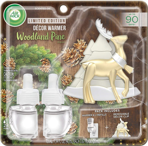 Air Wick Plug in Scented Oil Starter Kit with Tree and Reindeer Free Decorative Warmer + 2 Refills, Woodland Pine, Fall Scent, Fall Spray, (2x0.67oz), Essential Oils, Air Freshener