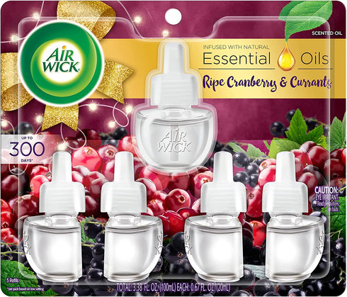 Air Wick plug in Scented Oil Refills, Ripe Cranberry And Currants, Essential Oils, Air Freshener, Holiday scent, Holiday spray, Packaging May Vary, 5 Count (Pack of 1)