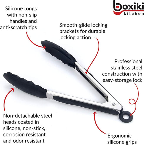 2 PCS Kitchen Tongs Utensil Set by Boxiki Kitchen. Silicone Tongs For Grilling, Cooking and Serving. Heat Resistant Tongs For Cooking. BPA Free Stainless Steel Kitchen Utensils.
