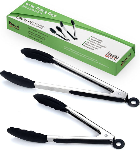 2 PCS Kitchen Tongs Utensil Set by Boxiki Kitchen. Silicone Tongs For Grilling, Cooking and Serving. Heat Resistant Tongs For Cooking. BPA Free Stainless Steel Kitchen Utensils.