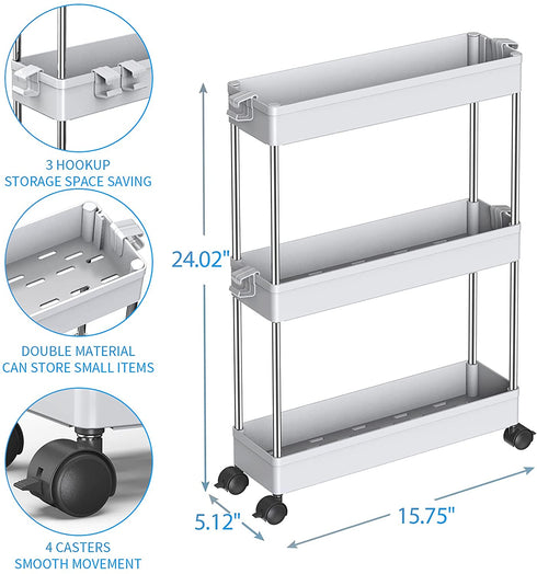 SPACEKEEPER Storage Cart Slim 3 Tier Mobile Shelving Unit Organizer Slide Out Storage Rolling Utility Cart Tower Rack for Kitchen Bathroom Laundry Narrow Places, Plastic & Stainless Steel, Gray