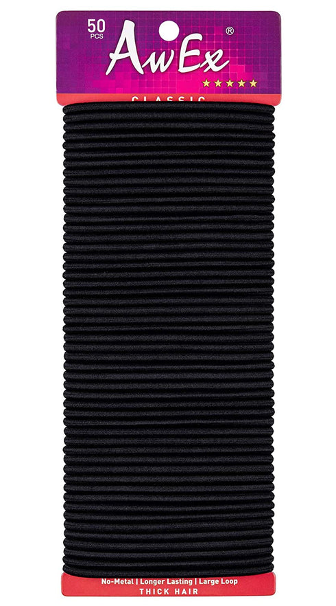 AwEx LARGE Black Hair Ties for Thick Hair-50 PCS,4 mm(0.16 Inch) Thick,170 mm(6.7 inches)Long - No Metal Hair Elastics -Hair Band - Ponytail Holder -Great for Curly,Wavy Hair