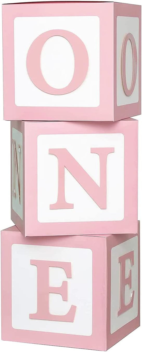 First Birthday Decorations for Girl Pink ONE Boxes ,3Pcs ONE Balloon Boxes Baby 1st Birthday Girl Decorations with 2 Set of ONE letters,DIY ONE Blocks for Pink Girls Teddy Bear Baby Shower Decorations Photoshoot Props