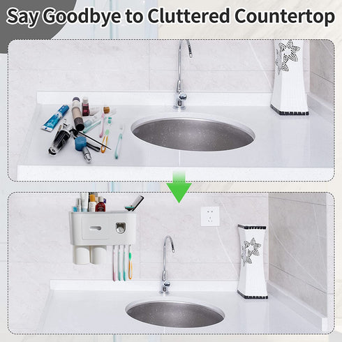 Toothbrush Holder Wall Mounted with Automatic Toothpaste Dispenser 4 Waterproof Toothbrush Slots with Dust-Cover 2 Magnetic Cups and Mini Drawer for Bathroom Shower