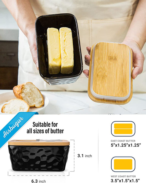 Large Butter Dish Porcelain Butter Dish with Lid and Knife for Countertop Double Silicone Seal Butter Dishes with Covers Perfect for West or East Coast Butter, Unique Stone Pattern Black