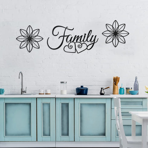 3 Pieces Family Metal Wall Sign Black Metal Family Word Wall Art Metal Family Wall Hanging Sign, 2 Pieces Black Metal Flower Wall Sculpture for Home Dining Room Kitchen Door Decorations Wall Decor