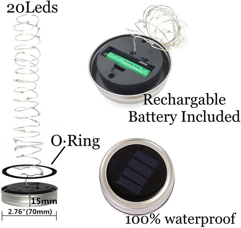 Solar Mason Jar Lid String Lights, 8 Pack 20 Led String Fairy Star Firefly Jar Lids Lights (Jars Not Included), for Mason Jar Patio Garden Wedding Lantern Table Decoration? No Hangers)?Warm White?