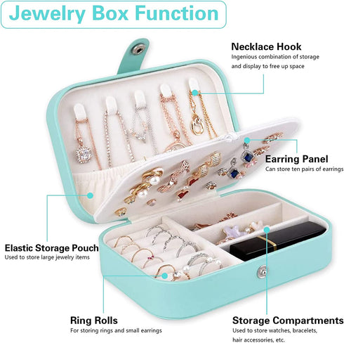 Luxurious Jewelry Organizer Box, Small Portable PU Leather Case Double Layer Display Mini Travel Storage Holder for Women Girls Gifts Necklaces Earrings Rings Bracelets (Blue)
