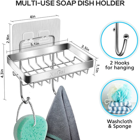 Soap Dish Holder, XaGai Stainless Steel Rustpoof Bar Soap Holder with 2 Hooks for Bathroom Shower Kitchen,Adhesive No Drilling Wall Mounted Soap Bar Holder for Shower Wall - Chrome