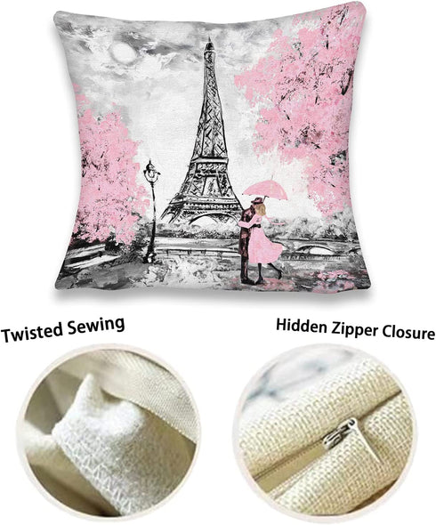 Throw Pillow Covers 18x18 Set of 4, Decorative Pillows for Couch Bed, Sofa Pillows Decorations for Living Room, Pink Paris Outdoor Pillows Couch Cushion Covers for Home Bedroom
