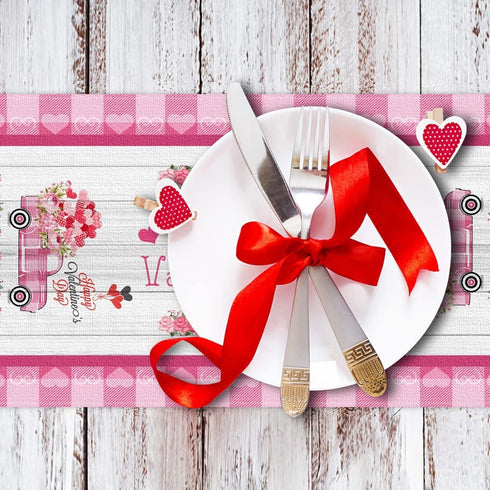 Nialnant Valentines Day Table Runner, Pink Truck Table Runners for Kitchen Family Dinner Table Holiday Farmhouse Home Valentines Day Decoration, Buffalo Check Heart Pattern - 13 x 72 Inch