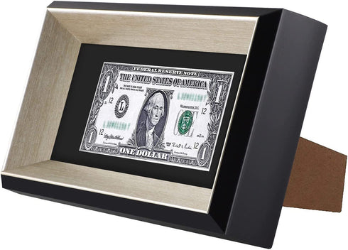 Space Art Deco, Black Dollar Bill/License Holder Frame with Silver Beveled Edge with Black Mat, Tempered Glass - Easel Stand/Wall Mount - Sawtooth Hangers (Black/Silver, 1-Pack)