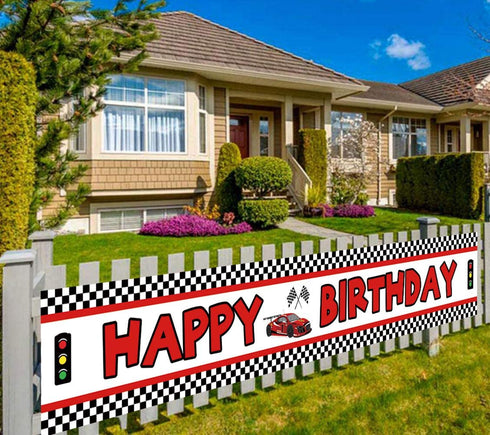 Lager Race Car Happy Birthday Banner, Red Racing Themed Party Supplies Decorations, Let's Go Racing Checkered Flag, Backdrop Background Table Cover (9.8 x 1.6 feet)