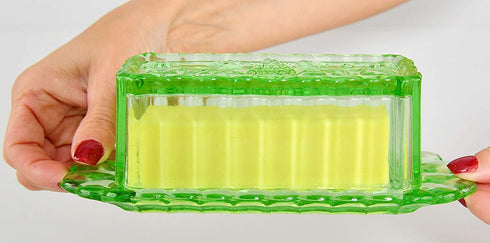 HOME-X Depression Style Glass Butter Dish with Lid and Grape Pattern, Retro Kitchen Decor, Wedding Gift