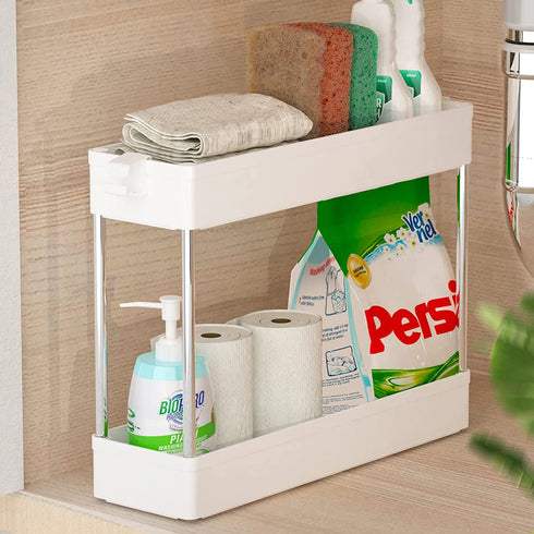SPACEKEEPER Under Sink Organizers Storage, Bathroom Under Sink Shelf Basket, 2 Tier Bath Organizers and Storage Rack with Hooks, Under Kitchen Sink Shelf Multi-purpose, White