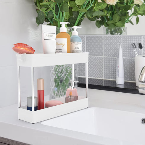 SPACEKEEPER Under Sink Organizers Storage, Bathroom Under Sink Shelf Basket, 2 Tier Bath Organizers and Storage Rack with Hooks, Under Kitchen Sink Shelf Multi-purpose, White