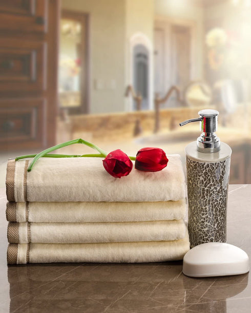Creative Scents 100% Cotton Velour Fingertip Towels - 4 Pack - 11 by 18 Inches Decorative Extra Absorbent and Soft Face Towel Ideal for Bathroom and Powder Room (Cream with Embroidered Brown Trim)