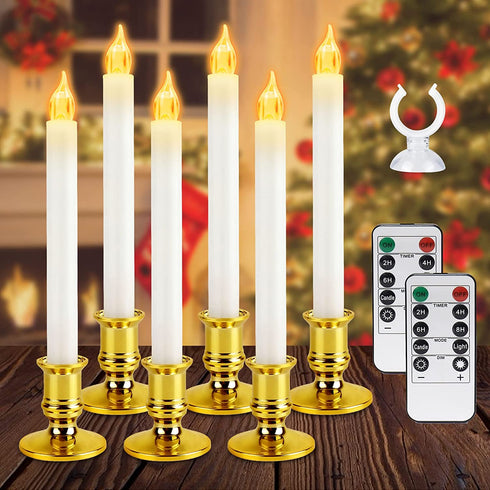LVJING Window Candle Lights - Set of 6 Flameless Taper Candles with Gold Bases, Battery Operated, Timer Setting, 2 Remote Control, Christmas Valentine's Day Festival Decorations