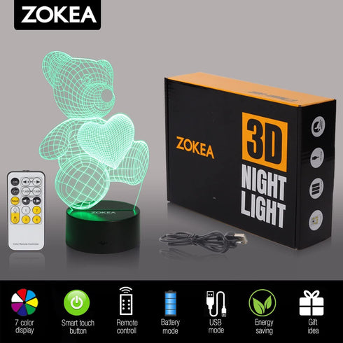 Night Light 3D lamp 7 Colors Changing Nightlight with Smart Touch & Remote Control 3D Night Light for Kids or as Gifts for Women Kids Girls Boys (Teddy Bear)