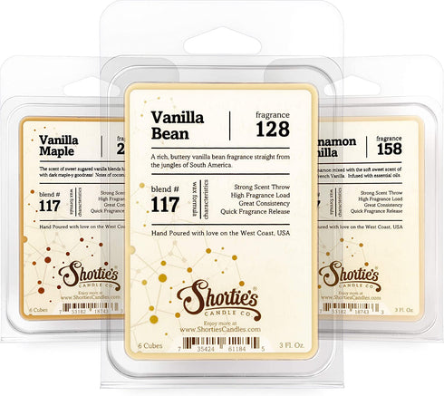 Shortie's Candle Company Vanilla Wax Melts Variety Pack - Vanilla Bean, Vanilla Maple, Cinnamon Vanilla - Formula 117-3 Highly Scented 3 Oz. Bars - Made with Natural Oils - Vanilla Warmer Wax Cubes