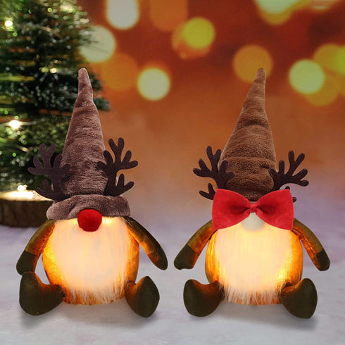 Christmas Gnomes with Light Rudolph Red Nose Gnome Couple Plush Reindeer Decorations Winter Holiday Elf Scandinavian Collectible Figurines Handmade Swedish Tomte Xmas Ornaments Gift Idea Set of 2
