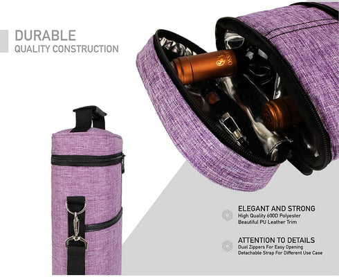 OPUX Insulated 2 Bottle Wine Tote Carrier | Padded Wine Cooler Bag for Travel Picnic BYOB | Portable Wine Bag with Shoulder Strap and Carry Handle, Wine Gifts - Purple