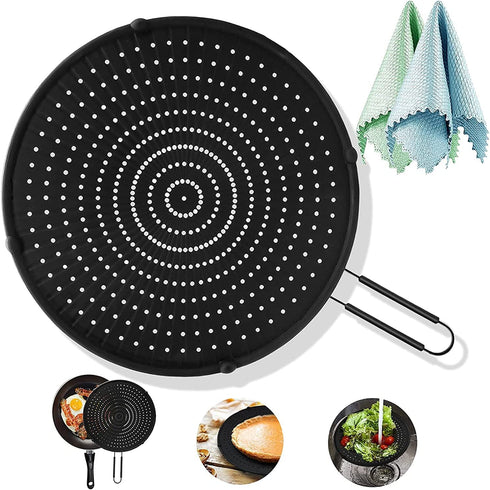 Splatter Screen for Cooking, Splatter Screen for Frying Pan,13? Multi-Use Hot Oil Splash Guard W Fish Scale Rag × 2, Drain Board, Non-Stick, Food Safe & Heat Resistant Universal Pan Cover