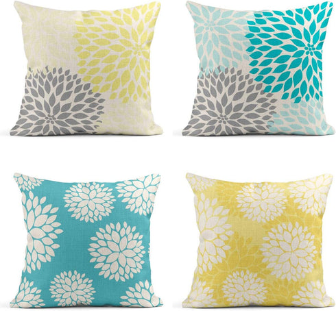 Tarolo Decorative Linen Throw Pillow Covers Cases Set of 4 Yellow and Gray Pastel Blue and Gray Trendy White Floral Teal Turquoise Aqua Blue Lemon Yellow Floral Dahlia Pillow Cover Case 18x18 inches