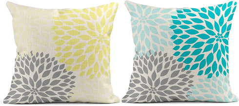 Tarolo Decorative Linen Throw Pillow Covers Cases Set of 4 Yellow and Gray Pastel Blue and Gray Trendy White Floral Teal Turquoise Aqua Blue Lemon Yellow Floral Dahlia Pillow Cover Case 18x18 inches
