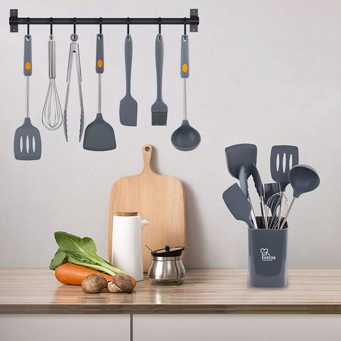 EooCoo Silicone Cooking Utensils Set with Holder, 8Pcs Kitchen Must Haves Stainless Steel Handle Cooking Tools, Kitchen Cookware 446°F Heat-Resistant for Nonstick Cookware Set, Gray