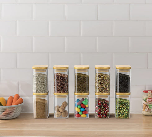 G.a HOMEFAVOR Glass Jars Set, Spice Jars with Bamboo Airtight Lids and Labels, 9.2oz 10 Pcs Small Food Storage Containers for Home Kitchen, Tea, Herbs, Sugar, Salt, Coffee, Herbs, Grains