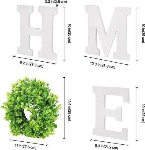 Flexzion Rustic Wooden Wall Hanging Home Decor Sign, Cutout Block Letters Weathered Wood with Plant Leaf Flower Circle Ring Wreath, Pediment Alphabets Plaques for House Decoration, White