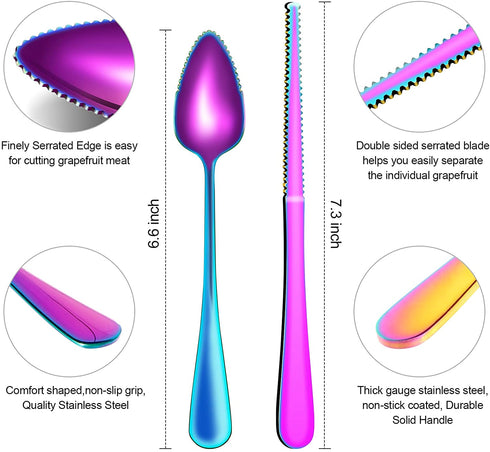 Grapefruit Spoons & Grapefruit Knife, Stainless Steel Grapefruit Utensil Set, Serrated Edge & Thick Gauge Handle, Rainbow Kitchen Tool with Non-stick Plating for Kiwi, Dessert, Apple (5 PCS)